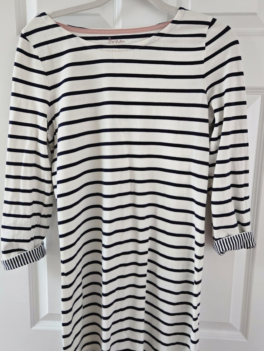 Boden US 6R Navy Ivory Breton Stripe 100% Cotton 3/4 Sleeve Tunic Mini Dress 6